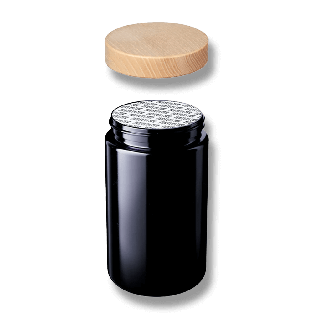 Weithalsdose aus Violett Glas (200 ml) "Saturn" mit Holzdeckel inkl. Versiegelung