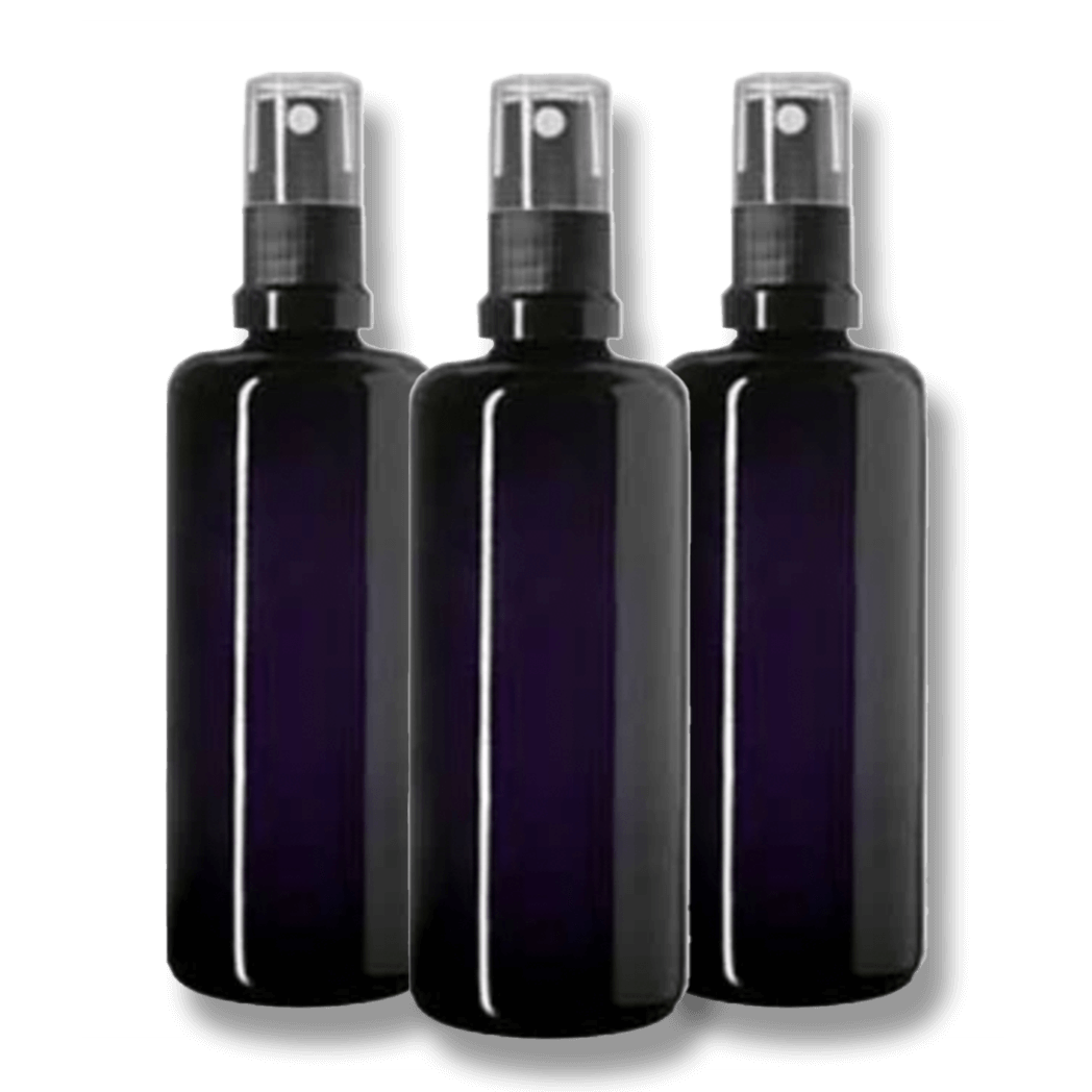 Tropfenflasche aus MIRON Violett Glas (3x 100 ml) inkl. Sprühaufsatz