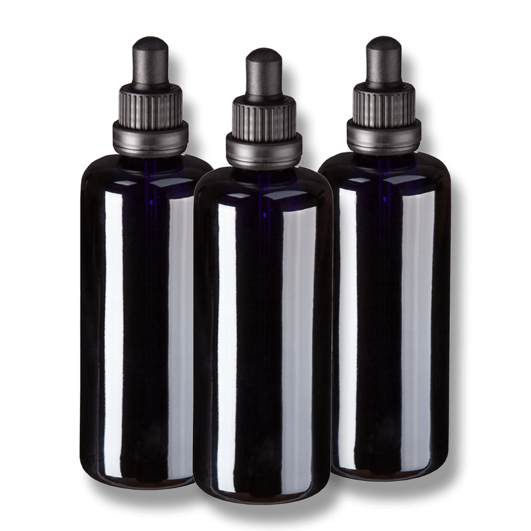 Tropfenflasche aus MIRON Violett Glas (3x 100 ml) inkl. Pipettenkappe