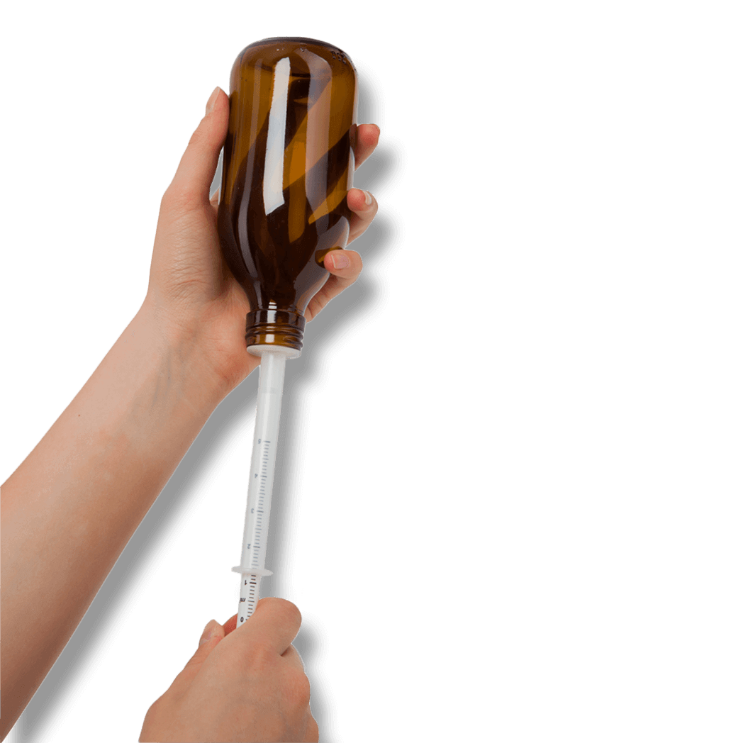 Dosing syringe (5 ml, 10 ml) for DIN 28 glass bottle